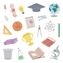 School supplies collection. Graduation cap, basketball ball, triangle ruler, trophy, calculator, diploma, microscope, tube, notebook. Back to school. - 658802389
