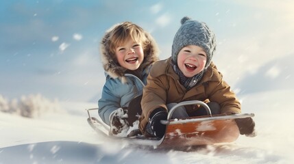 Fototapeta na wymiar Two children having fun on a sled during a sunny winter day in the snow. Generated with ai.