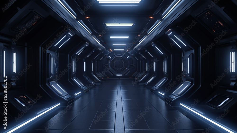 Wall mural 3d rendering of dark abstract sci-fi tunnel, futuristic spaceship corridor. background banner or hea