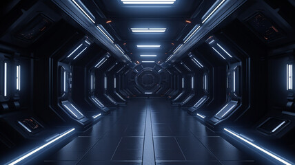 3d rendering of dark abstract sci-fi tunnel, Futuristic spaceship corridor. background banner or header
