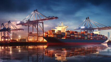 Large shipping container inside port, concept of trade and logistics