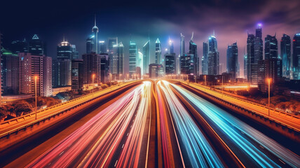 City road light, night megapolis highway lights of cityscape background. Panorama of megacity traffic with highway road motion lights trails, long exposure photography
