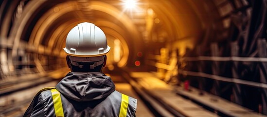 Engineer in yellow helmets and vests supervises underground tunnel construction using TBM for electric train subway With copyspace for text - obrazy, fototapety, plakaty