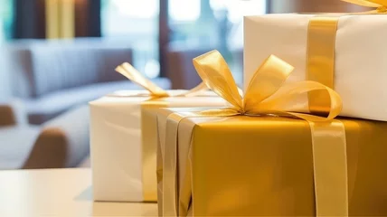 Tapeten beautifully wrapped gifts in goud and white paper and tied with a gold ribbon © Natalya