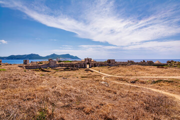 Panoramic view of Methoni Castle. The castle is a medieval fortification in the port town of Methoni, Messinia Peloponnese, Greece