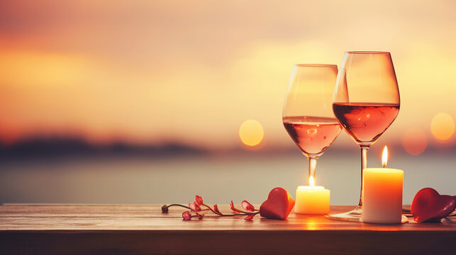 Two wine glasses, positioned against a serene sunset over the ocean, accompanied by candles