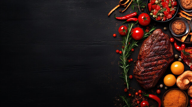 A delectable assortment of grilled meats, fresh vegetables, and spices set on a rustic wooden backdrop