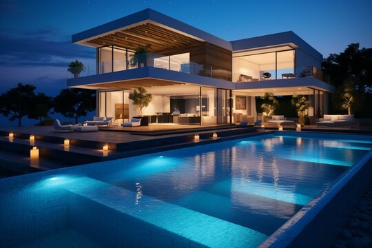 Image of a modern house featuring a mesmerizing pool illuminated at night. Generative AI