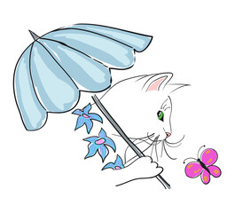 White cat with an umbrella