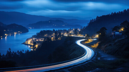 Night lights on mountain road