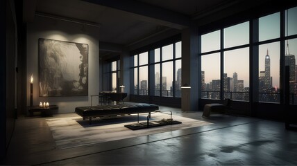 Obraz premium The interior of a modern apartment in a skyscraper, abstract paintings on the wall, morning