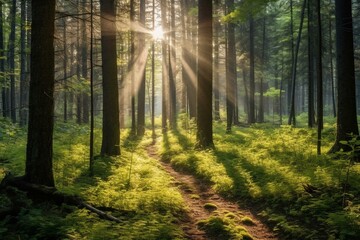 The sunlight filters through the trees amidst the forest on a bright day. Generative AI