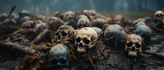 Skeletal remains of fallen warriors of war, human skulls and bones embedded in dirty wet swamp mud, death and decay, mass grave horror. - obrazy, fototapety, plakaty
