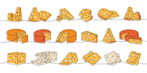 Cheese products one line colored continuous drawing. Different types of cheese continuous one line illustration. Vector minimalist linear illustration