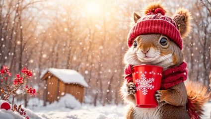 Cute cartoon squirrel, cup in a winter clearing