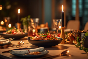 Elegant table setting with candles in restaurant. Selective focus. Romantic dinner setting with candles on table in restaurant.
