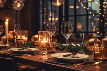 Elegant table setting with candles in restaurant. Selective focus. Romantic dinner setting with candles on table in restaurant.
