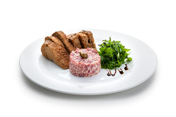 beef steak tartare with capari, steak tartare, toasted bread, salad