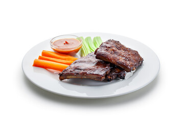 BBQ ribs, carrot, stalked celery, meat with vegetable, dressing