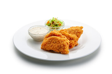 fried chicken cutlets in cornflakes, vegetable, dresssing