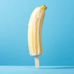 Banana with ice cream stick against pastel blue background