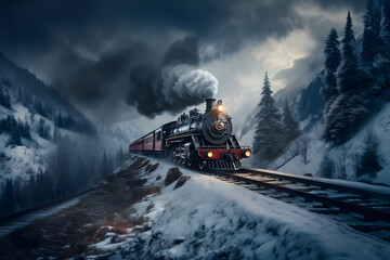 Retro train with smoke from chimney at track moves at foggy winter snowy day at mountain range.