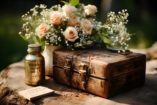 Rustic wooden box for memories at vintage house..