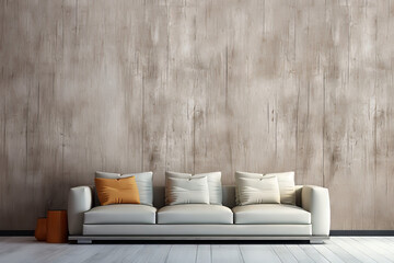 Staged interior scene with a sofa and pillows isolated on a tope wall with copy space - obrazy, fototapety, plakaty