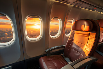 Sunset Flight, Aerial View Through Glass Window of Airplane
