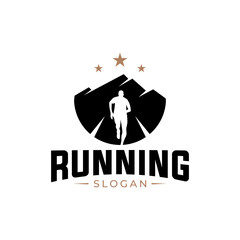 silhouettes of people running, athletes, stars, road to the finish mountain peak logo design