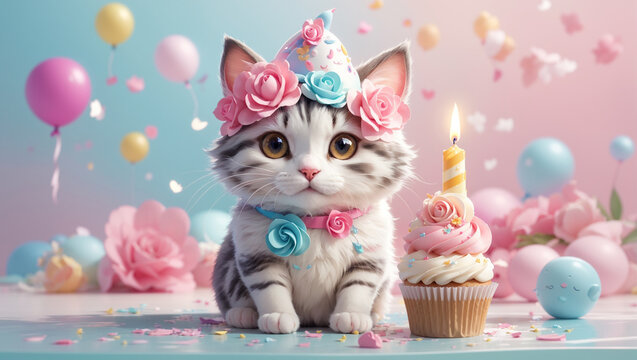 cute cat with birthday cake and colorful background