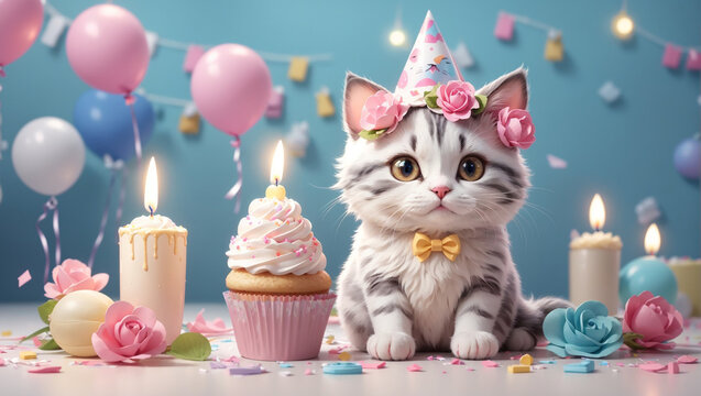 cute cat with birthday cake and colorful background