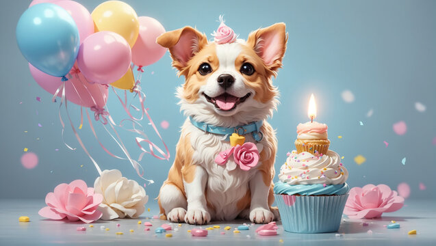 cute dog with birthday cake and colorful background