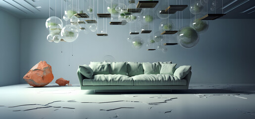 of a sofa and furniture in a weightless living room - obrazy, fototapety, plakaty