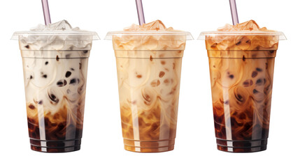 Ice Latte Coffee: A Refreshing Drink in Tall Plastic Cup with Ice Cubes on transparent background, PNG