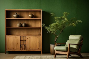 Wooden cabinet in a green room with Japanese-style decoration and an armchair sofa. Generative AI