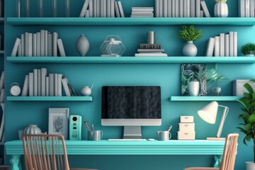 Closeup designer workspace with computer screen, bookshelves, supplies, and blue wall. Mockup, 3D render. Generative AI
