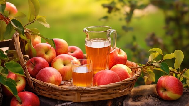 wooden box of delicious ripe apples, a glass of apple juice