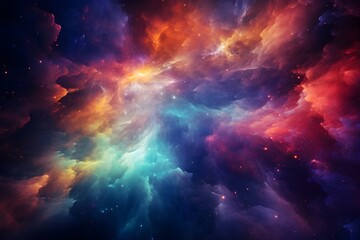 a colorful space filled with stars and clouds. Mystical Galaxy Collision in Radiant Rainbow with Swirling patterns. - obrazy, fototapety, plakaty