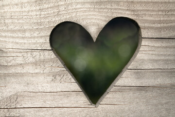 Close-up of a wooden board with a heart carved into it. Light reflections and a green background shine through the heart from behind
