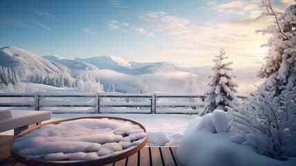 A snow-covered wooden terrace upstairs with a snow-covered empty table, a place to insert and present your product