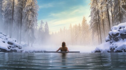 A woman goes winter swimming in a forest bay, sitting and looking at beautiful views. - obrazy, fototapety, plakaty