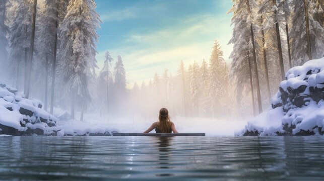 A woman goes winter swimming in a forest bay, sitting and looking at beautiful views.