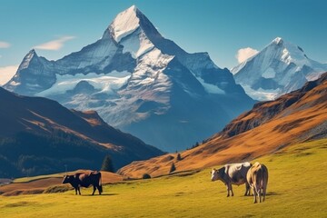 Cattle grazing on mountain pasture, scenic view of Swiss Alps in Grindelwald village, Switzerland. Morning landscape with Wetterhorn peaks. Generative AI