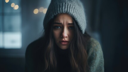 Teen girl dealing with depression, sadness, and feeling alone. Mental health and anxiety. Asking for help. Therapy and rehabilitation. Troubled teenager. - obrazy, fototapety, plakaty