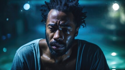 Fototapeta premium Handsome black man dealing with depression, sadness, and feeling alone. Mental health and anxiety. Asking for help. Therapy and rehabilitation. Troubled thoughts.