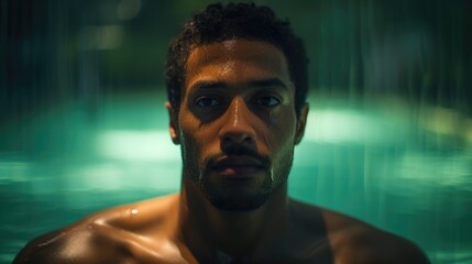 Handsome black man with concerned expression in a pool. Contemplative worry. Mental health, therapy and rehabilitation. Troubled thoughts.