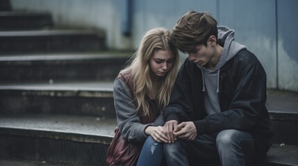 Teen couple dealing with depression, sadness, and feeling alone. Mental health and anxiety. Asking for help from grief. Therapy and comfort. Troubled teenagers. - obrazy, fototapety, plakaty