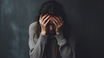Teen girl dealing with depression, sadness, and feeling alone. Mental health and anxiety. Asking for help. Therapy and rehabilitation. Troubled teenager. - obrazy, fototapety, plakaty