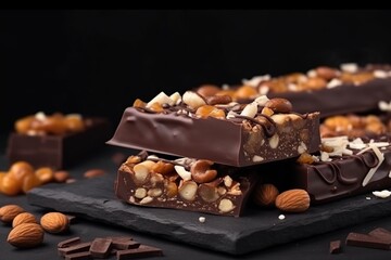 board of chocolate bars with caramel, nuts and nougat - obrazy, fototapety, plakaty